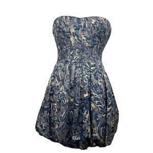 Joie Mini Dress S Womens Strapless Bubble Hem Pleated Floral Cotton Silk Blue